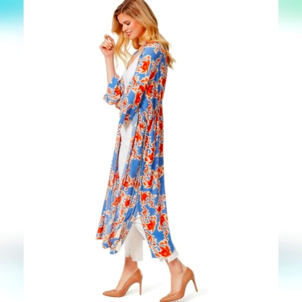 NWT Jessica Simpson Lailaa Long Sleeve Floral Waist Tassel Tie Kimono Blue Orang